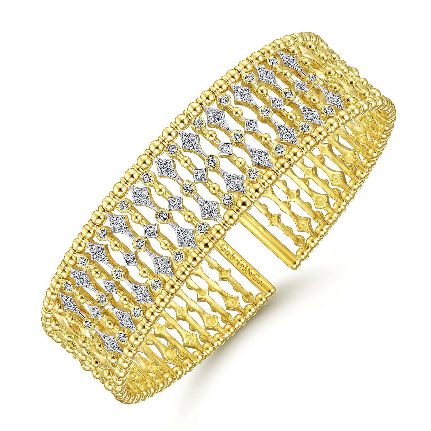 Wide 14K Yellow Gold Cage Cuff Bracelet with Diamond Stations