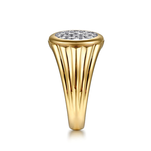 Wide 14K Yellow Gold Cluster Diamond Mens Ring in High Polish Finish