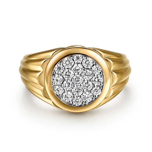 Wide 14K Yellow Gold Cluster Diamond Mens Ring in High Polished Finish