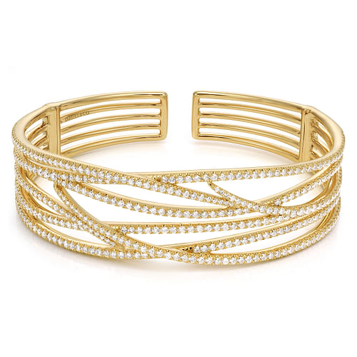 Wide 14K Yellow Gold Criss Crossing Open Diamond Bangle