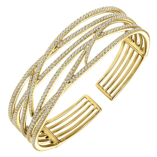 Wide 14K Yellow Gold Criss Crossing Open Diamond Bangle