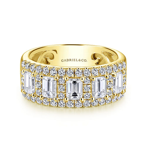 Wide 14K Yellow Gold Emerald Cut and Round Diamond Anniversary Band