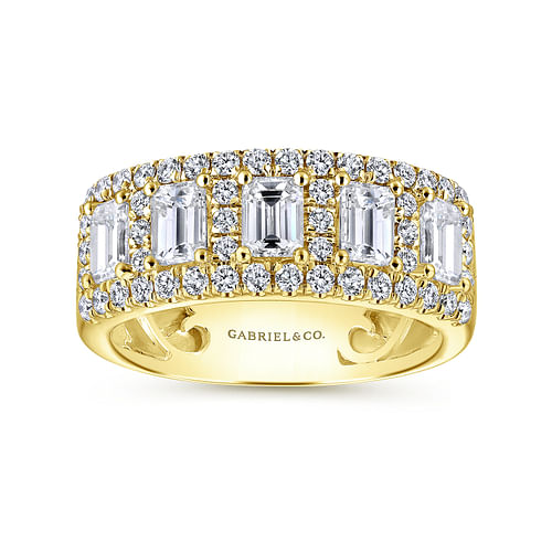 Wide 14K Yellow Gold Emerald Cut and Round Diamond Anniversary Band