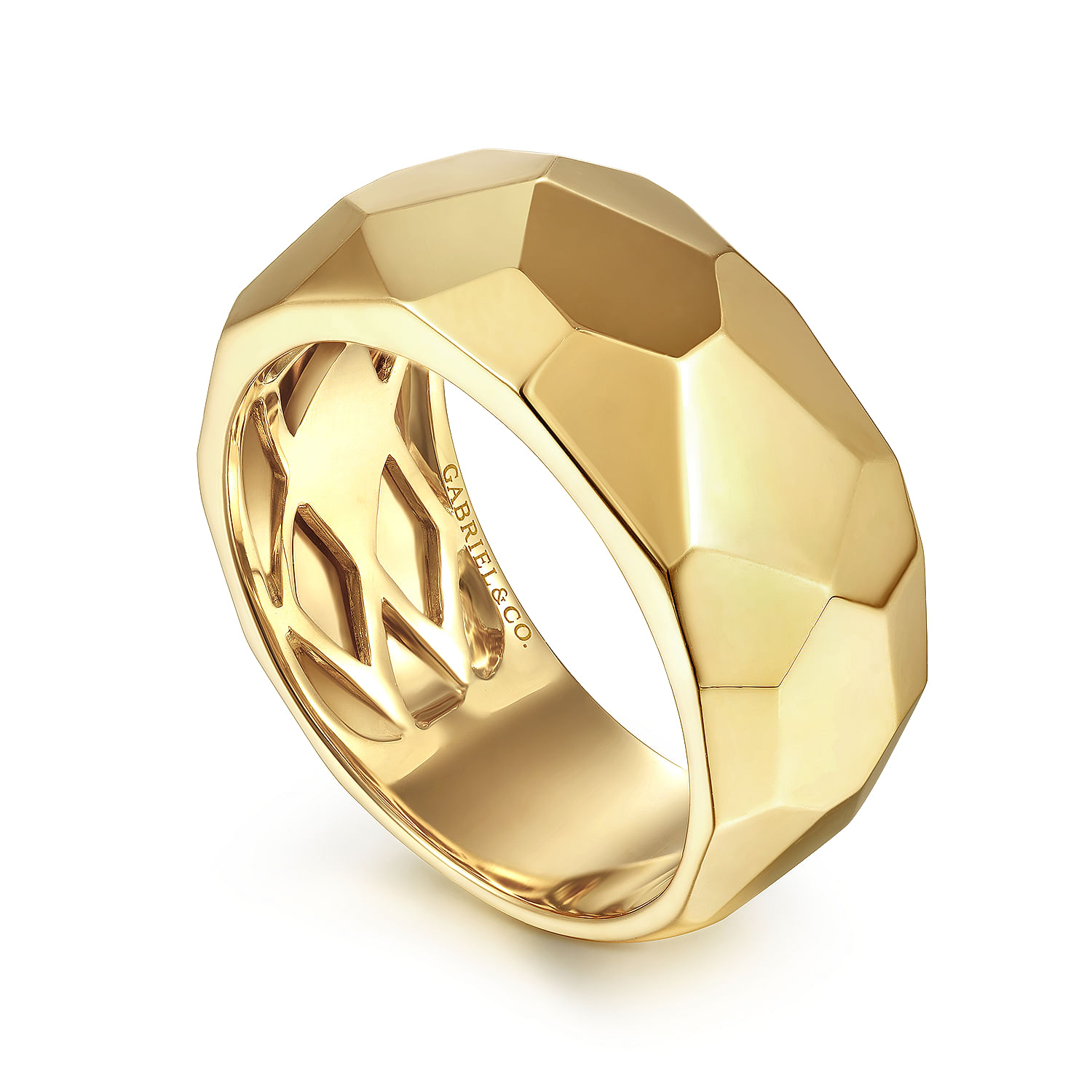 Wide 14K Yellow Gold Faceted Band in High Polished Finish
