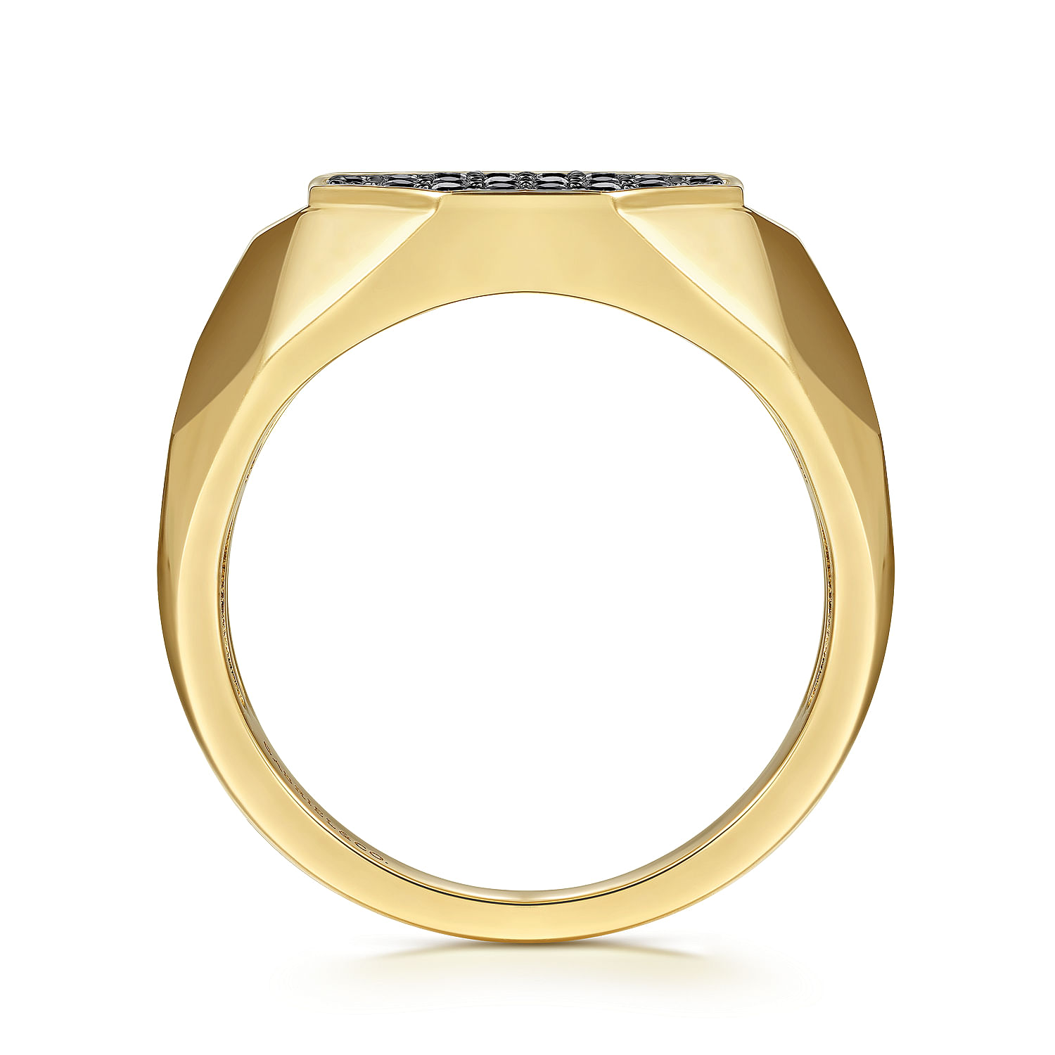 Wide 14K Yellow Gold Faceted Signet Ring with Black Diamond Pavé in High Polished Finish