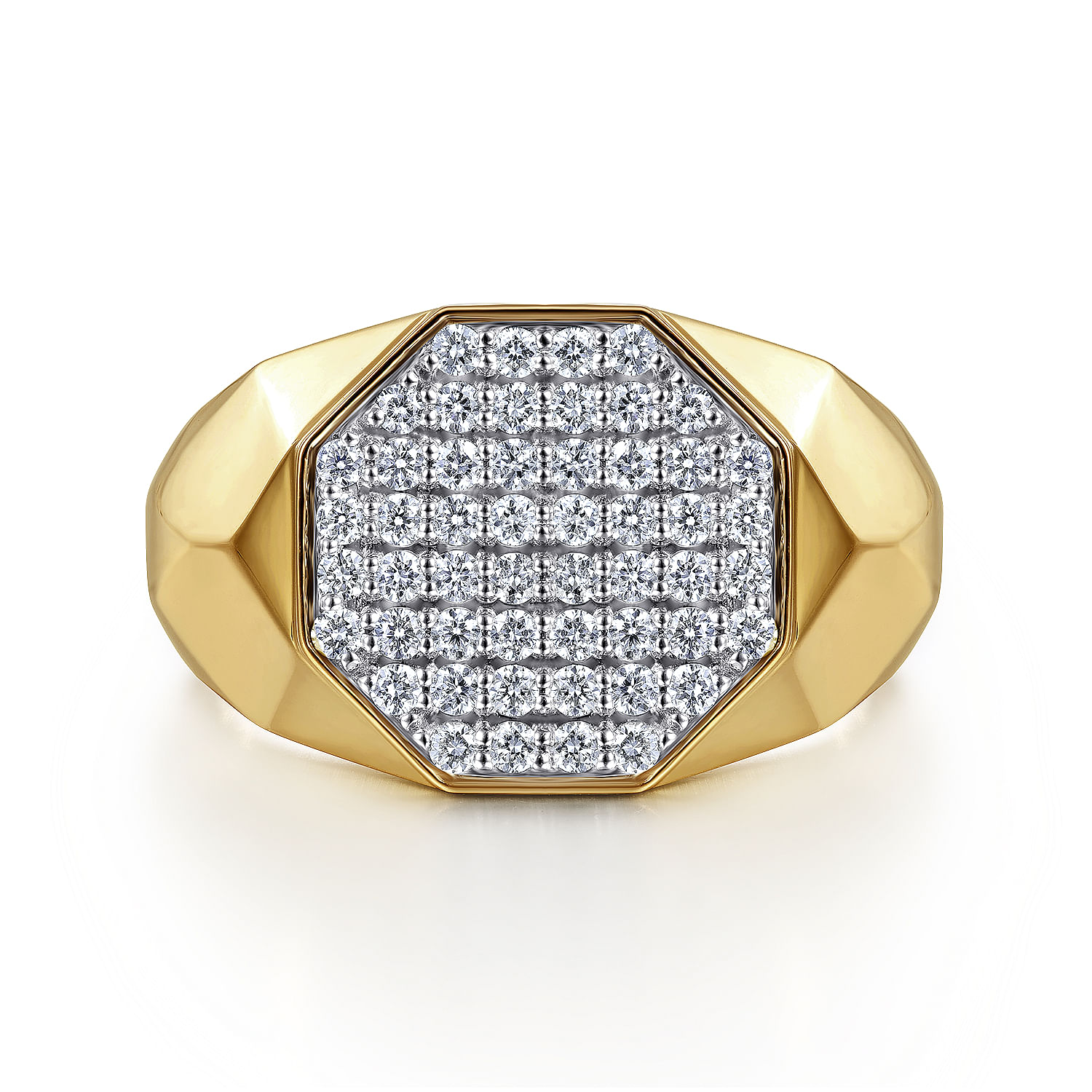 Wide 14K Yellow Gold Faceted Signet Ring with Pavé Diamonds in High Polished Finish