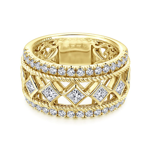 Wide 14K Yellow Gold Geometric Princess Cut and Round Diamond Anniversary Band