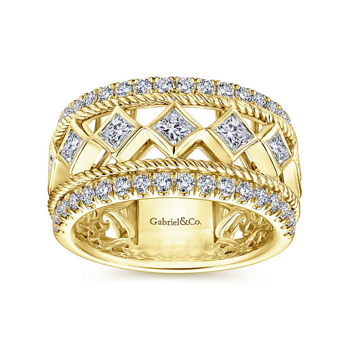 Wide 14K Yellow Gold Geometric Princess Cut and Round Diamond Anniversary Band