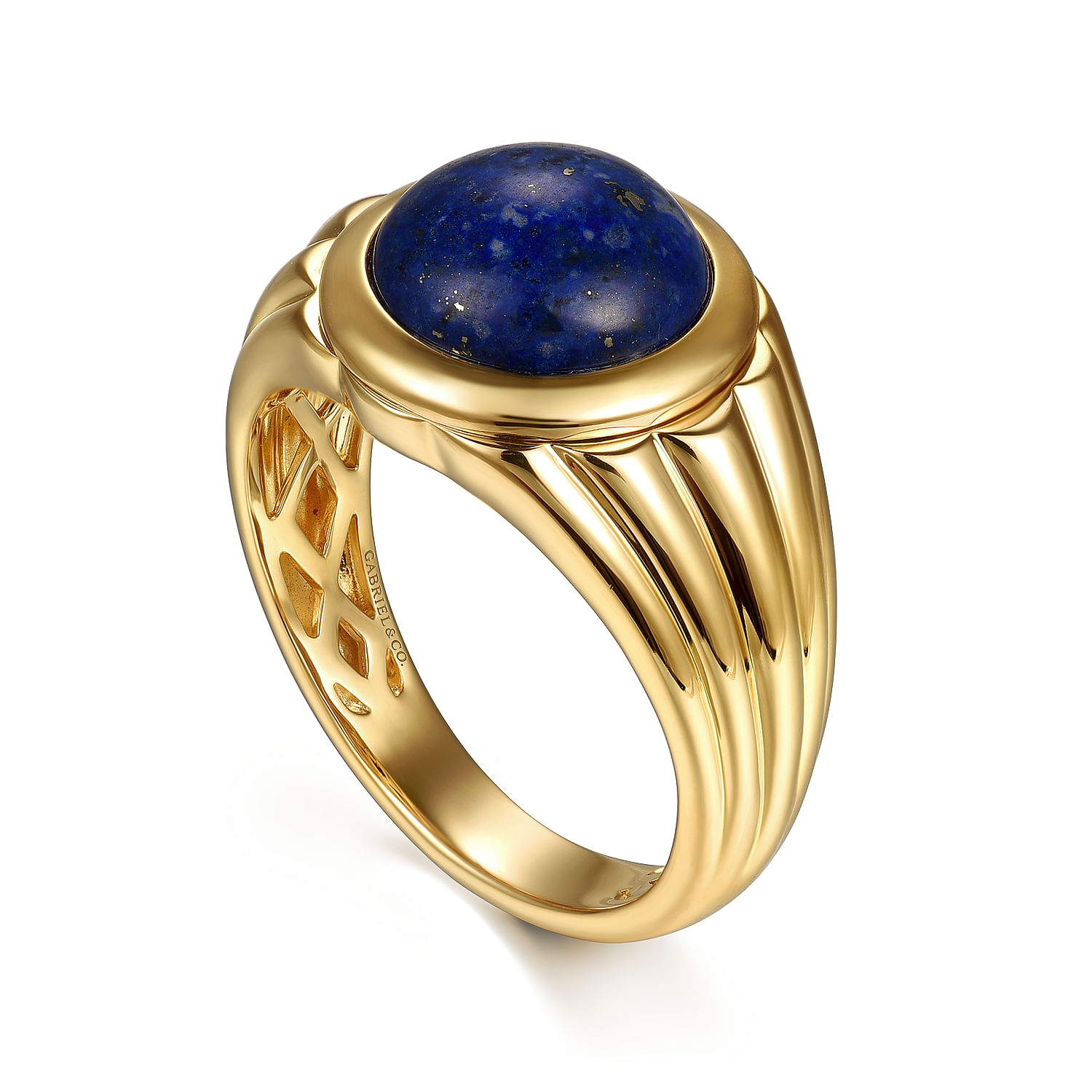 Wide 14K Yellow Gold Lapis Mens Ring in High Polished Finish