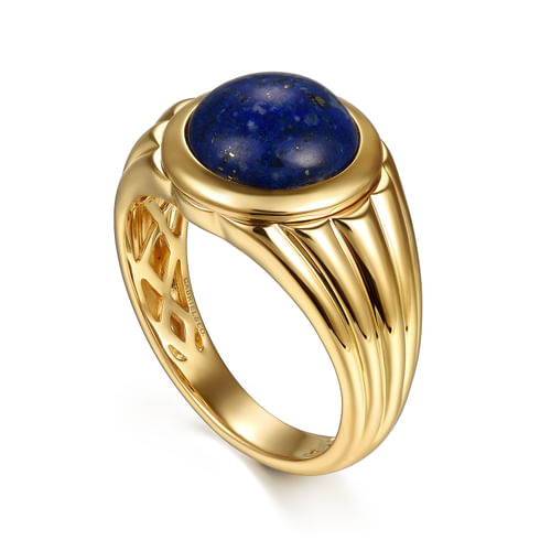 Wide 14K Yellow Gold Lapis Mens Ring in High Polished Finish
