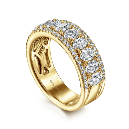 Wide 14K Yellow Gold Oval and Round Diamond Anniversary Band