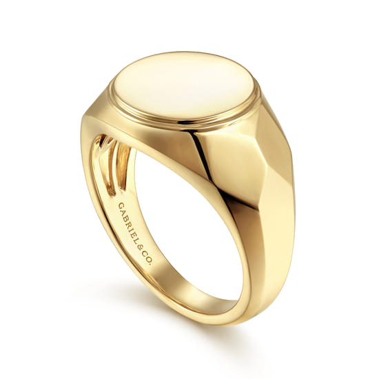 Wide 14K Yellow Gold Round Signet Ring in High Polished Finish angle 3