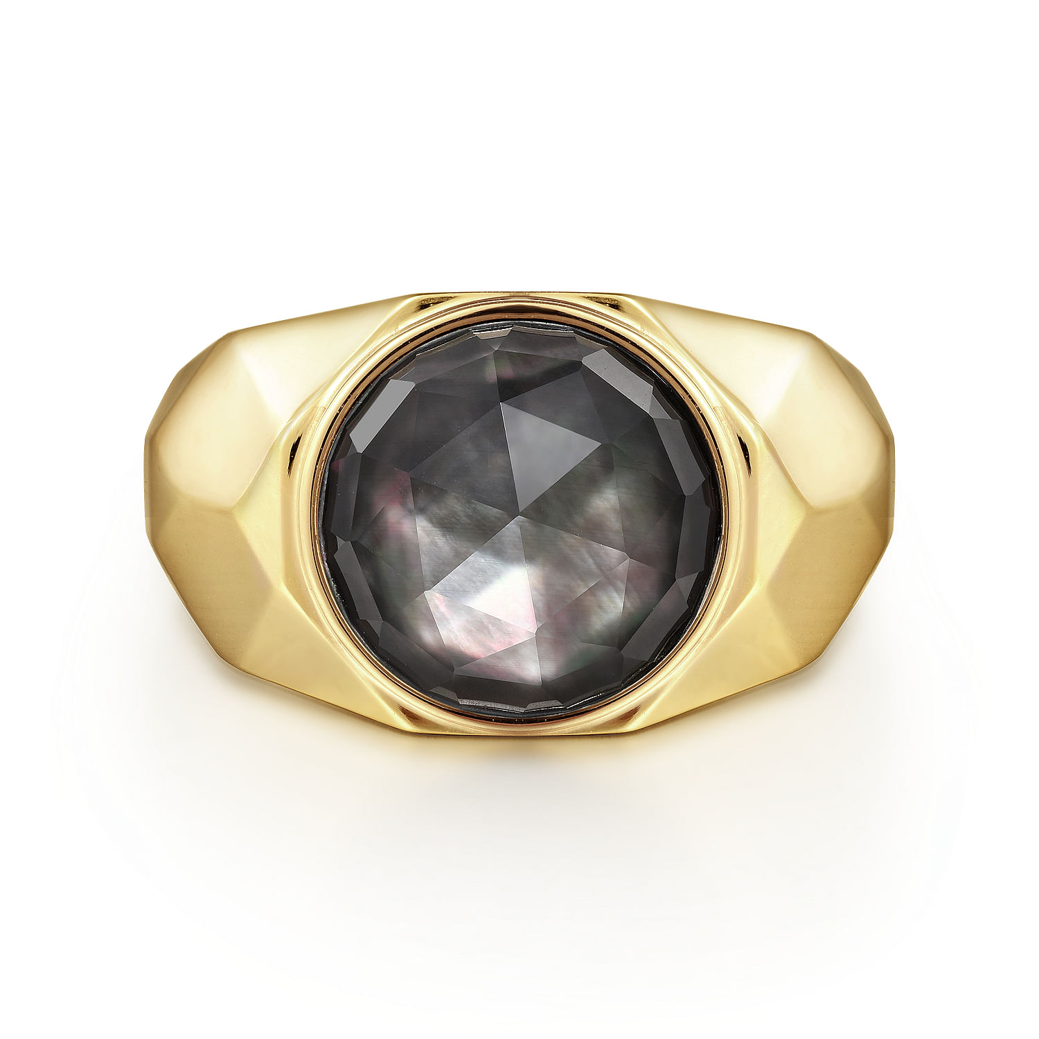 Wide 14K Yellow Gold Signet Ring with Black Mother of Pearl Stone in High Polished Finish