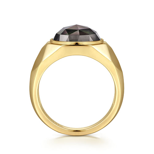 Wide 14K Yellow Gold Signet Ring with Black Mother of Pearl Stone in High Polished Finish