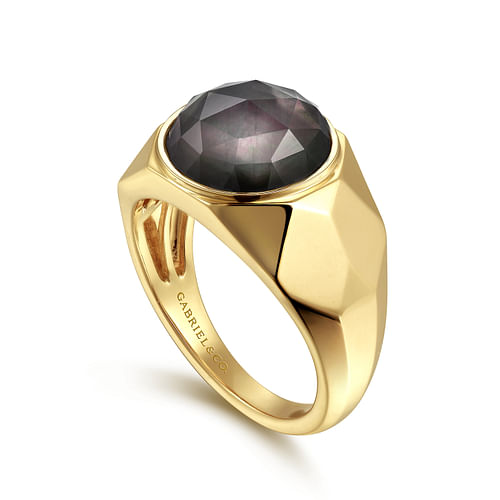 Wide 14K Yellow Gold Signet Ring with Black Mother of Pearl Stone in High Polished Finish