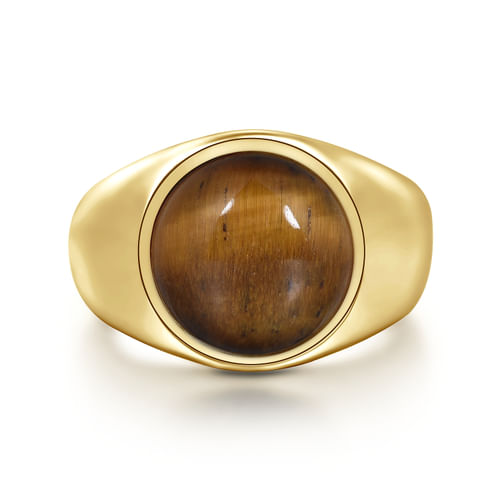 Wide 14K Yellow Gold Signet Ring with Tiger Eye Stone in High Polish Finish