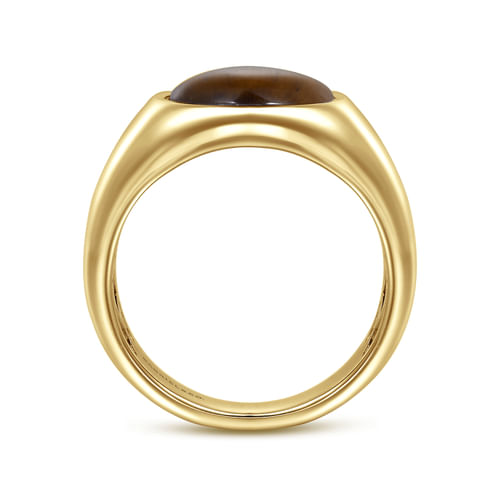 Wide 14K Yellow Gold Signet Ring with Tiger Eye Stone in High Polish Finish