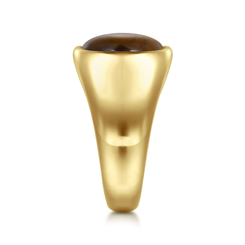 Wide 14K Yellow Gold Signet Ring with Tiger Eye Stone in High Polish Finish