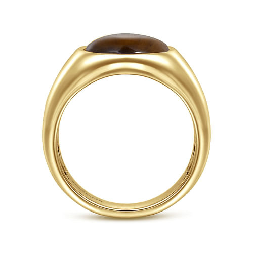 Wide 14K Yellow Gold Signet Ring with Tiger Eye Stone in Sand Blast Finish