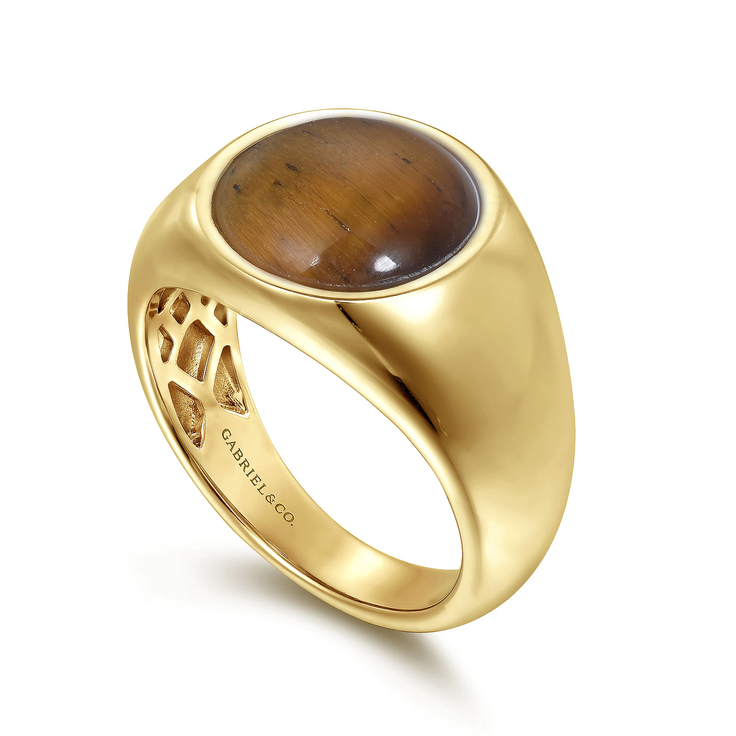 Wide 14K Yellow Gold Signet Ring with Tiger Eye Stone in Sand Blast Finish