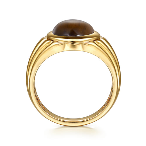Wide 14K Yellow Gold Tiger Eye Mens Ring in High Polished Finish