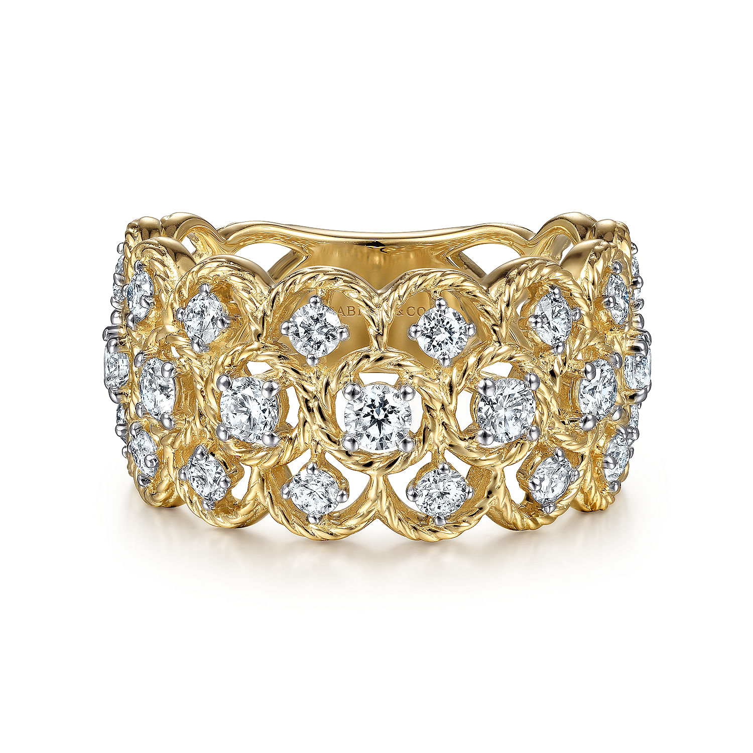 Wide 14K Yellow Gold Twisted Rope Diamond Wide Band Ring