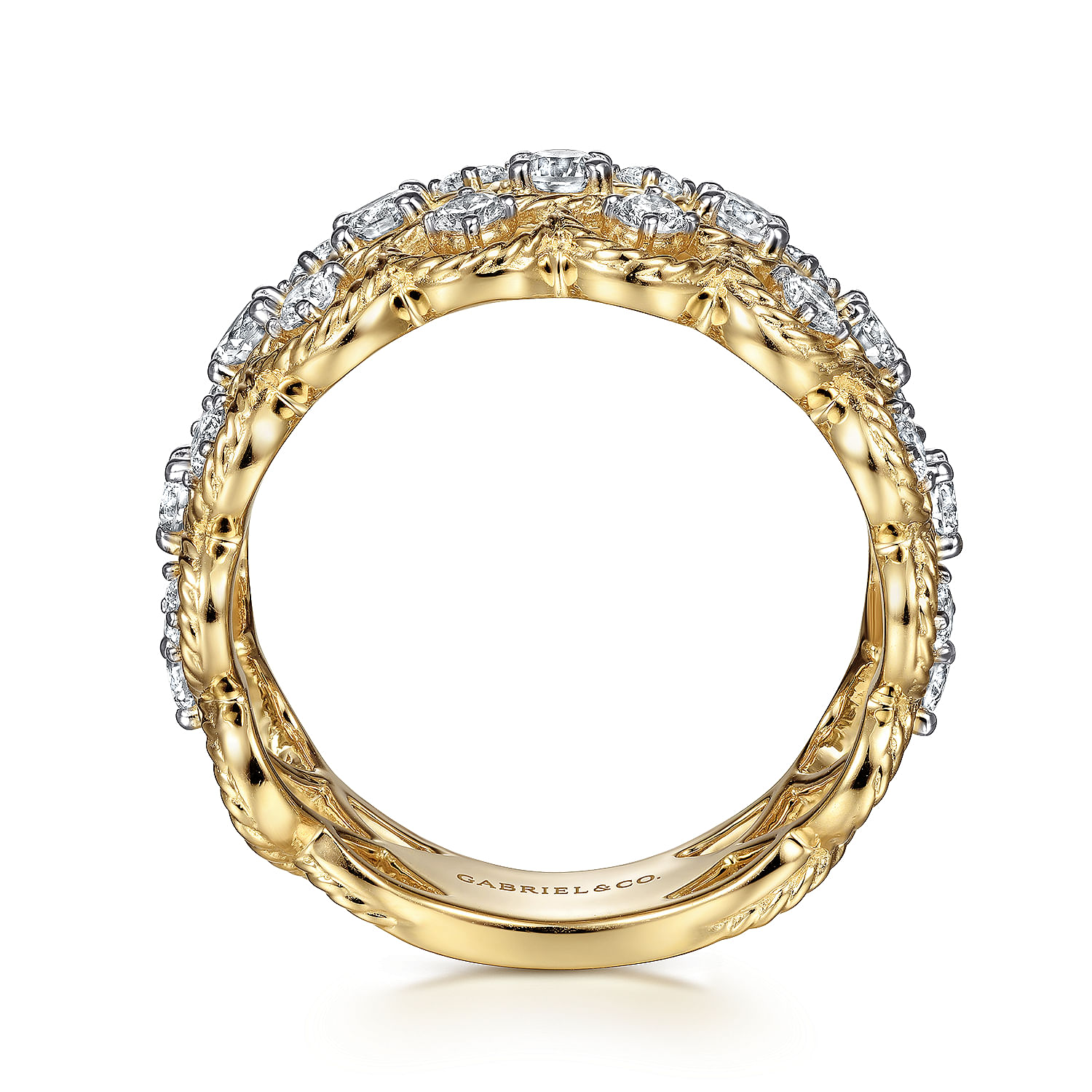 Wide 14K Yellow Gold Twisted Rope Diamond Wide Band Ring