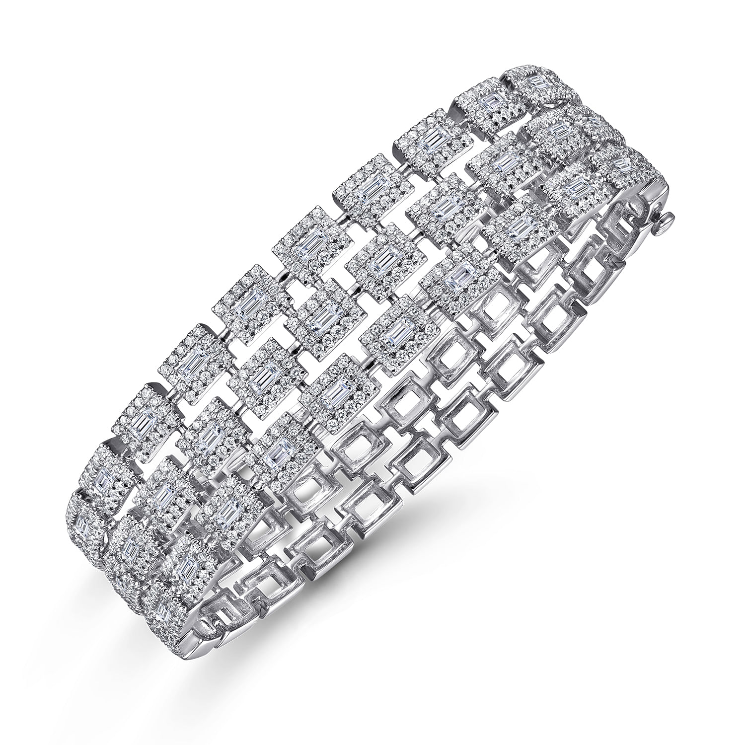 Wide 18K White Gold Round and Baguette Diamond Bracelet