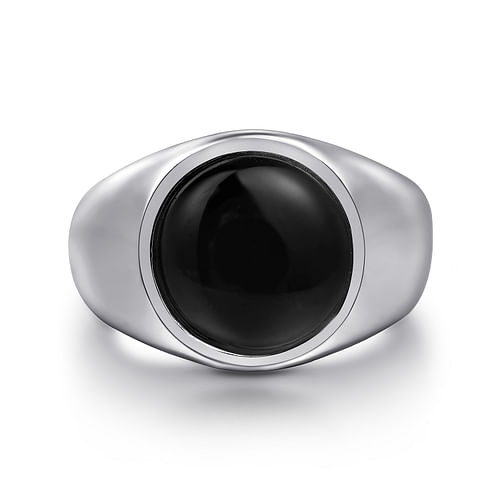 Wide 925 Sterling Men's Silver Signet Ring with Round Onyx