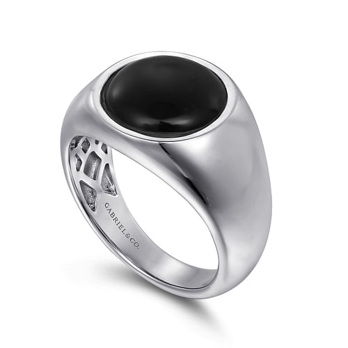 Wide 925 Sterling Men's Silver Signet Ring with Round Onyx