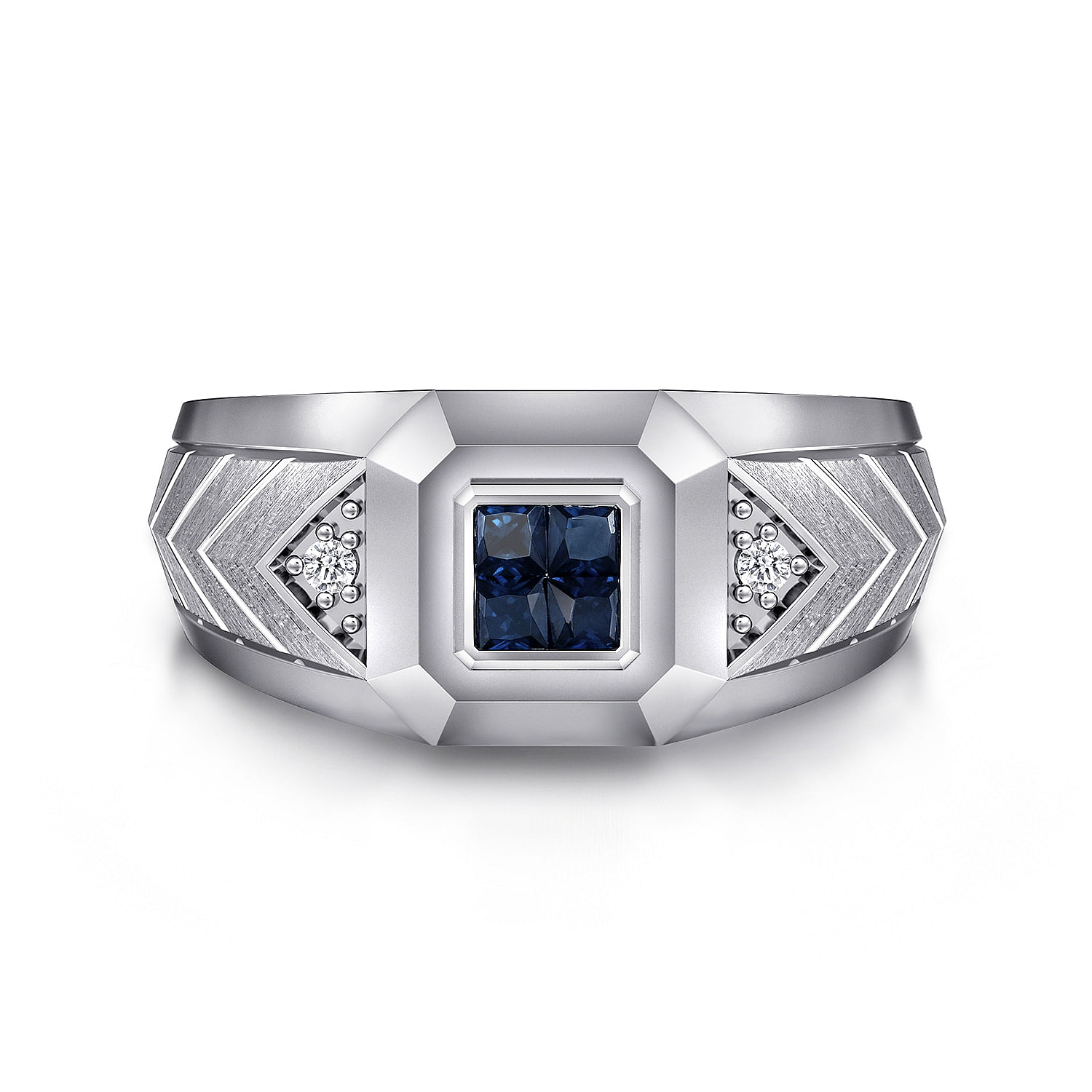 Wide 925 Sterling Silver Chevron Mens Ring with Sapphire in High Polished Finish