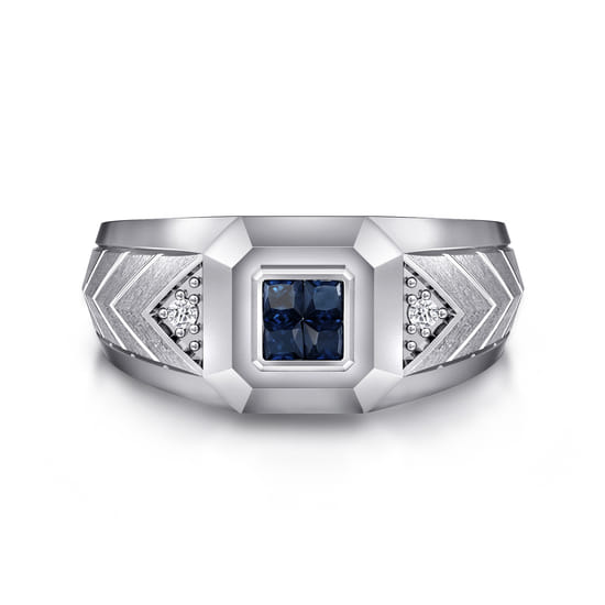 Wide 925 Sterling Silver Chevron Mens Ring with Sapphire in High Polished Finish