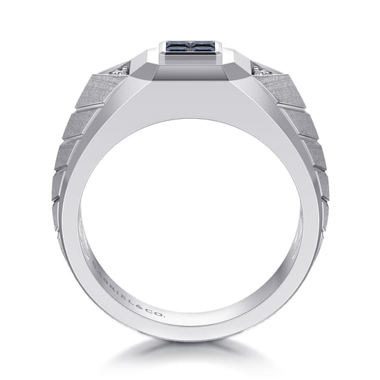 Wide 925 Sterling Silver Chevron Mens Ring with Sapphire in High Polished Finish angle 2