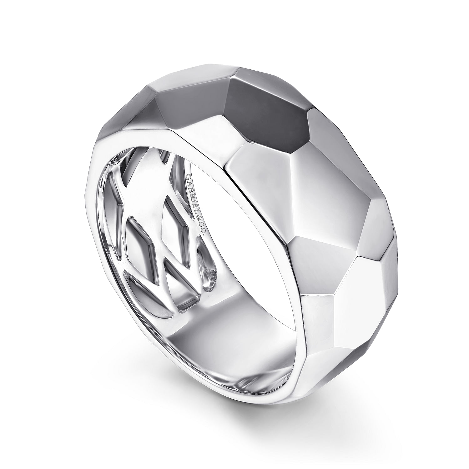 Wide 925 Sterling Silver Faceted Band in High Polished Finish
