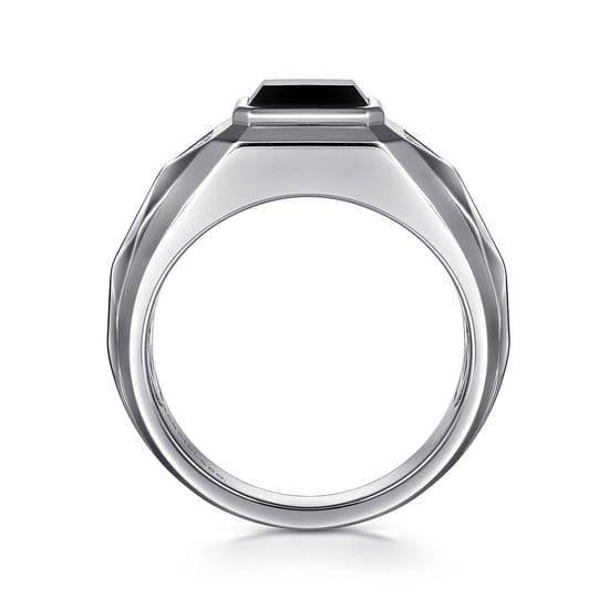 Wide 925 Sterling Silver Faceted Mens Ring with Onyx in High Polished Finish angle 2