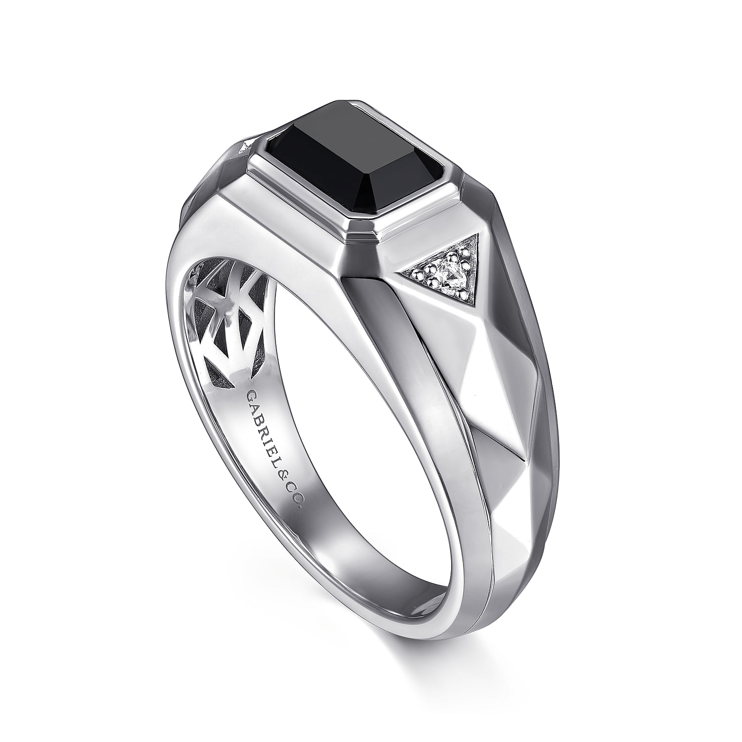 Wide 925 Sterling Silver Faceted Mens Ring with Onyx in High Polished Finish