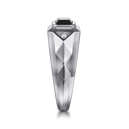 Wide 925 Sterling Silver Faceted Mens Ring with Onyx in High Polished Finish angle 4