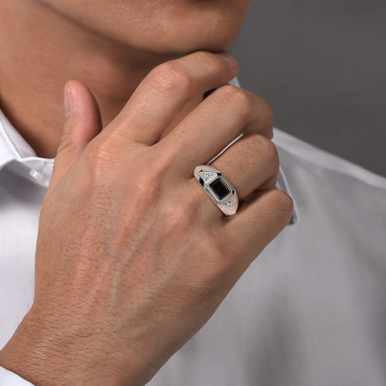 Wide 925 Sterling Silver Faceted Mens Ring with Onyx in High Polished Finish angle 5