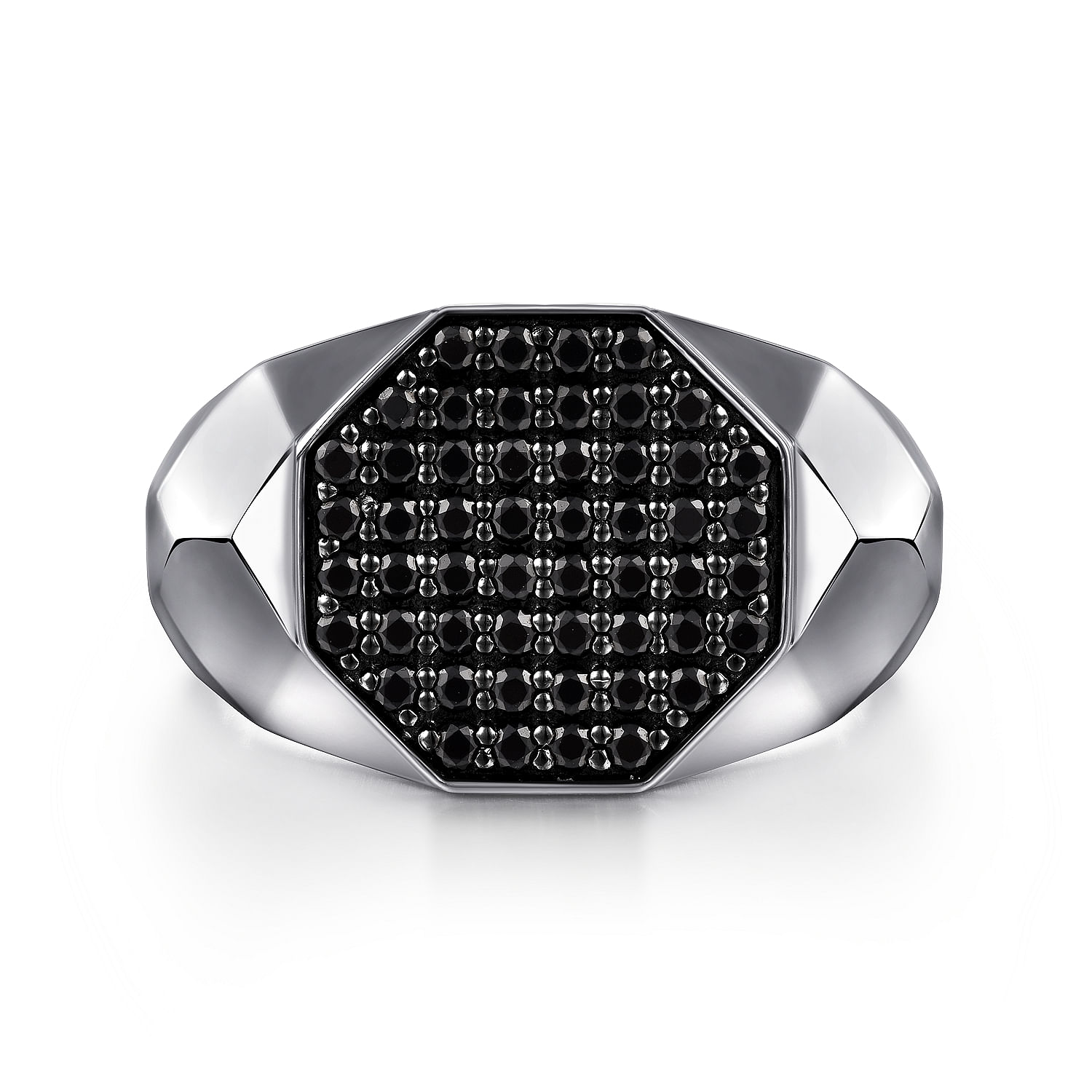 Wide 925 Sterling Silver Faceted Signet Ring with Black Spinel Pavé in High Polished Finish