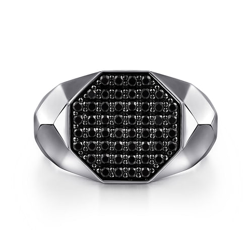 Wide 925 Sterling Silver Faceted Signet Ring with Black Spinel Pavé in High Polished Finish