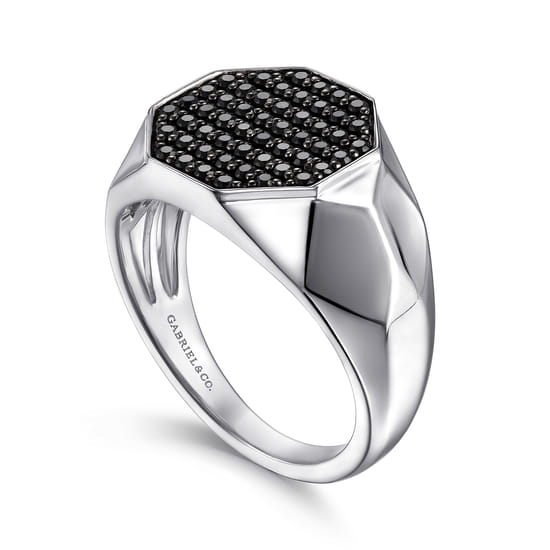 Wide 925 Sterling Silver Faceted Signet Ring with Black Spinel Pavé in High Polished Finish angle 3