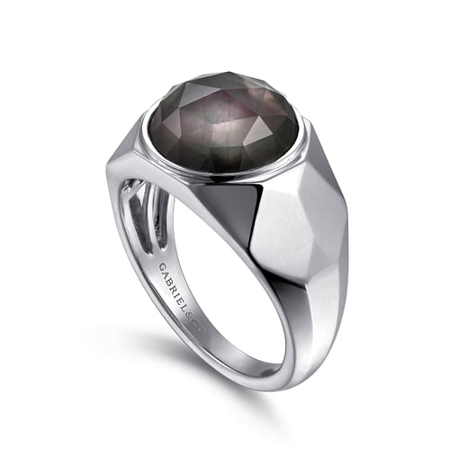 Wide 925 Sterling Silver Signet Ring with Black Mother of Pearl Stone in High Polished Finish