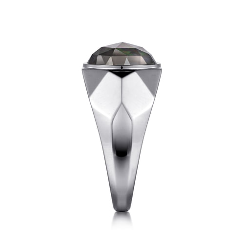 Wide 925 Sterling Silver Signet Ring with Black Mother of Pearl Stone in High Polished Finish