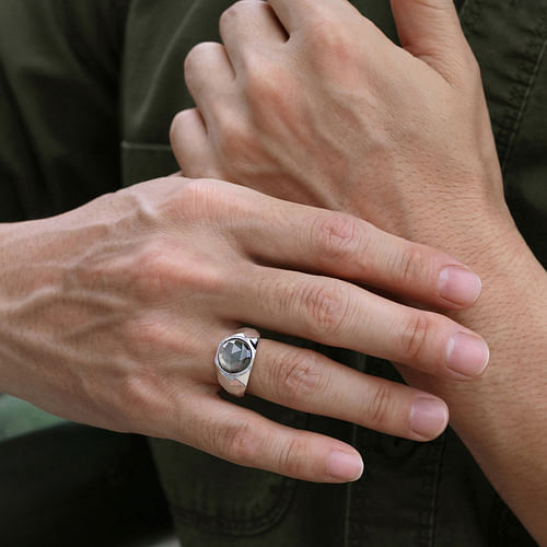 Wide 925 Sterling Silver Signet Ring with Black Mother of Pearl Stone in High Polished Finish