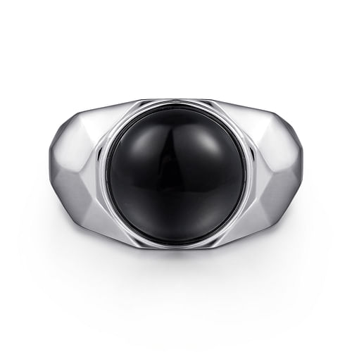 Wide 925 Sterling Silver Signet Ring with Black Onyx in High Polished Finish