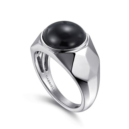 Wide 925 Sterling Silver Signet Ring with Black Onyx in High Polished Finish