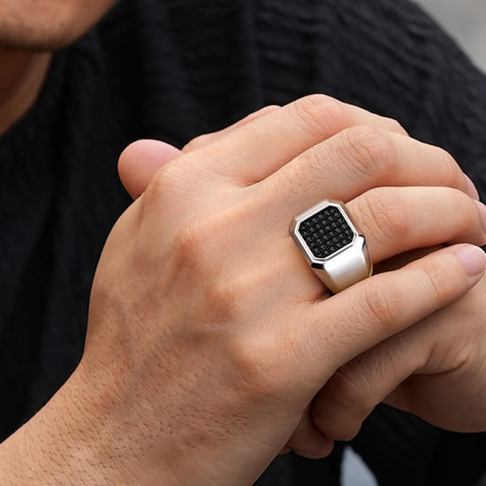 Wide 925 Sterling Silver Signet Ring with Black Spinel in High Polish Finish angle 5