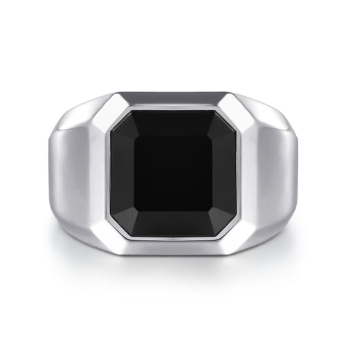 Wide 925 Sterling Silver Signet Ring with Faceted Onyx Stone in High Polish Finish