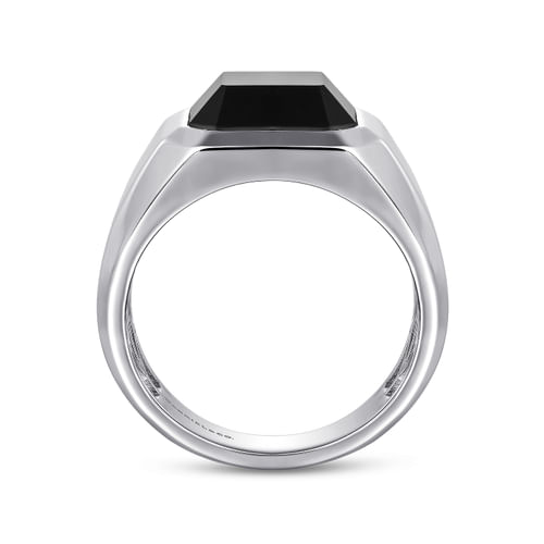 Wide 925 Sterling Silver Signet Ring with Faceted Onyx Stone in High Polish Finish
