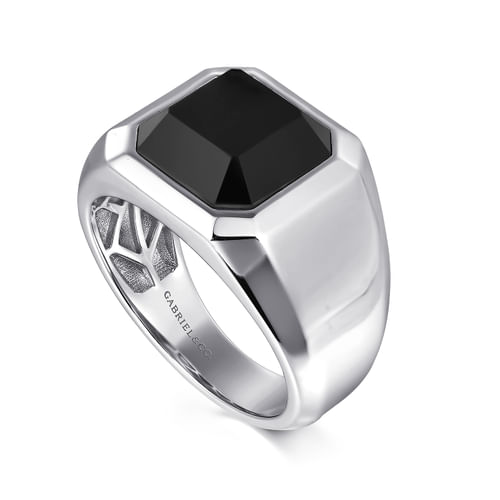 Wide 925 Sterling Silver Signet Ring with Faceted Onyx Stone in High Polish Finish